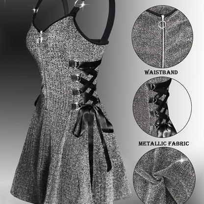 Y2K Metallic Fabric | Fashionable Women'S Peplum Dress with V-neck and Zipper Closure | Flared Hem, Waist-Cinching Details | All-Season Wear