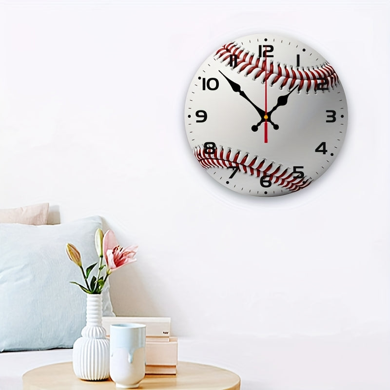 Baseball-Themed Silent Wall Clock with Mechanism - Red Seam Design, White Dial & Black/Red Baseball Texture - Battery- (AA Not Included) Sports Decor for Cave, Room, Game Room - Artificial Wood Panel, Yellow Second
