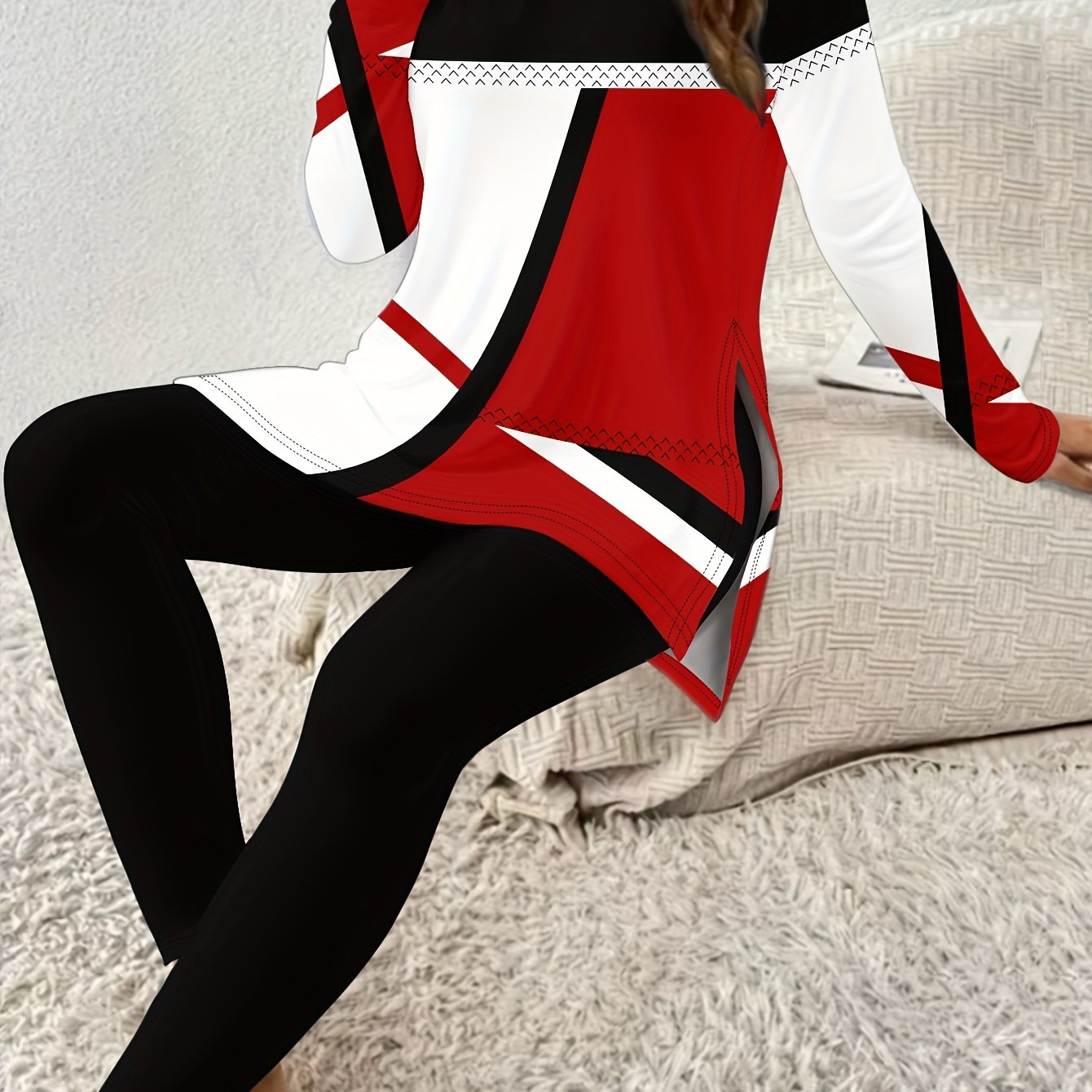 Women's Casual Two-Piece Set - Color Block Print Long Sleeve T-Shirt & Slim-Fit Pants with Slit Detail Round Neck Top, Black/White/Red Contrast Outfit, All-Season Comfort Fit for Spring/Autumn, Casual to Semi-Formal Wear, Eas