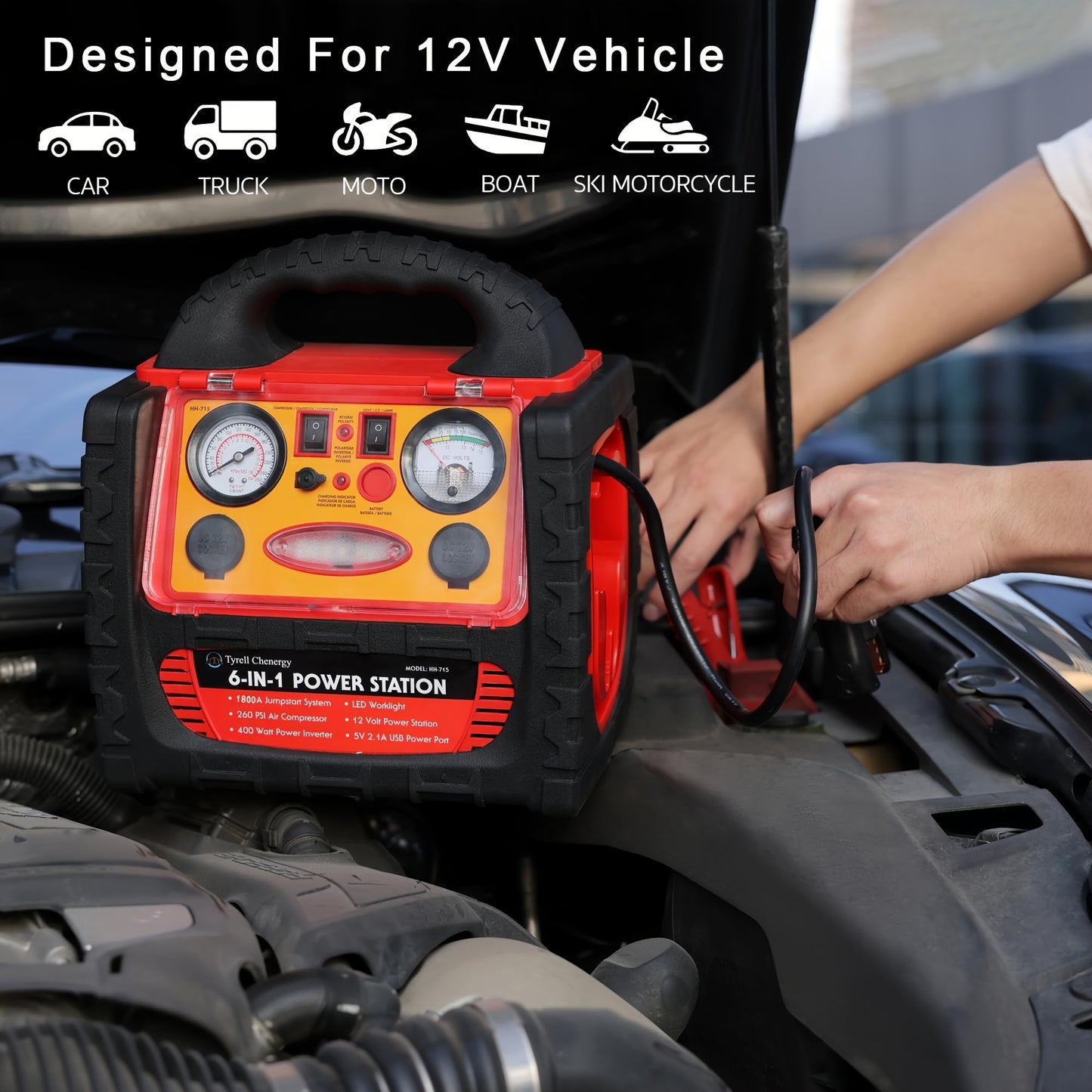 1800 Amp Portable Power Station & Car Jump Starter with Air Compressor - Heavy-Duty 260 PSI Tire Inflator, 400W AC/DC Inverter, 2.1A USB Port, Dual Power Outputs, Battery Clamps Included for Emergency, for Backup, USB- Operat