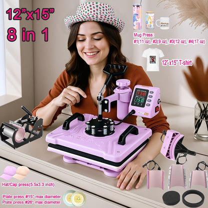 This Is a Versatile Heat Press Machine Combo Featuring an 8 in 1 And 5 in 1 Design, with Dimensions of 15"X15" And 15"X12". It Has a Rotatable Design And Is Suitable for Transferring Images Onto Various Items Such As T-Shirts