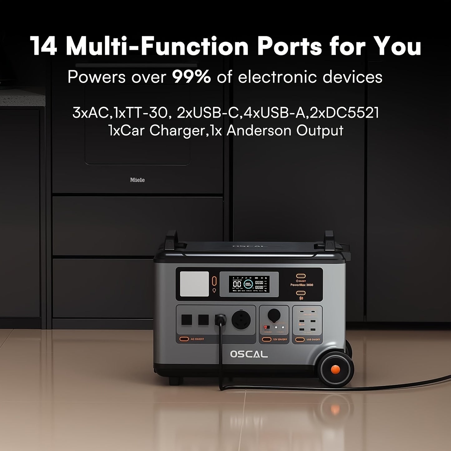 OSCAL PowerMax 3600 Solar Generator with 4x400W Solar Panels & 30W Panel - 3600Wh/3600W Power Station, 7200W Peak Output, 1.2H Backup, App Control, Portable AC Power for home, RV, Off-Grid - Heavy-Duty for home, Camping, Emer