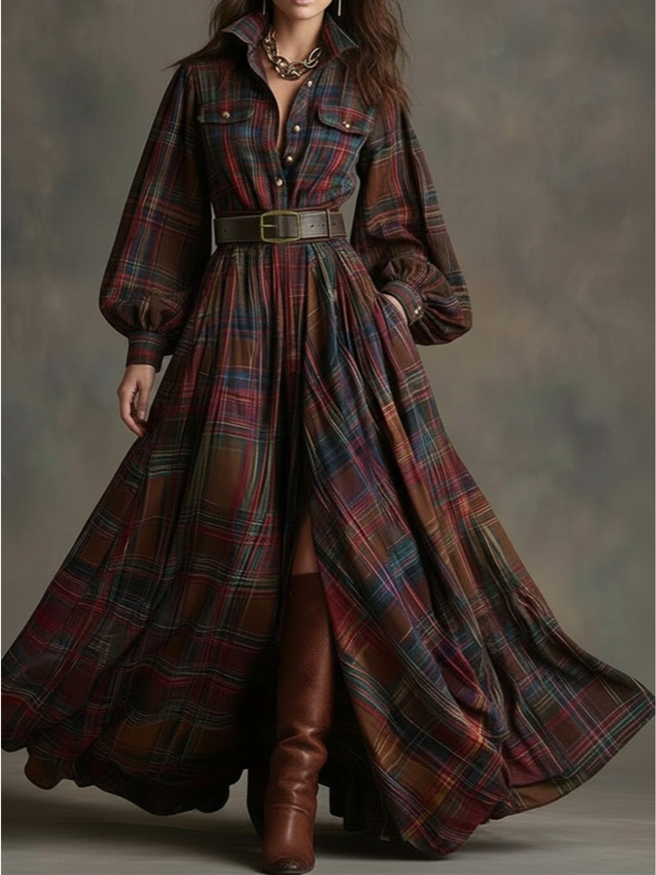 [Vintage Belted Dress] Women' Vintage Belted Waist-Defining Long Dress with Puff Sleeves - -Line Collar Dress Suitable for Date Nights, Parties & Winter Events - Retro Formal Dress