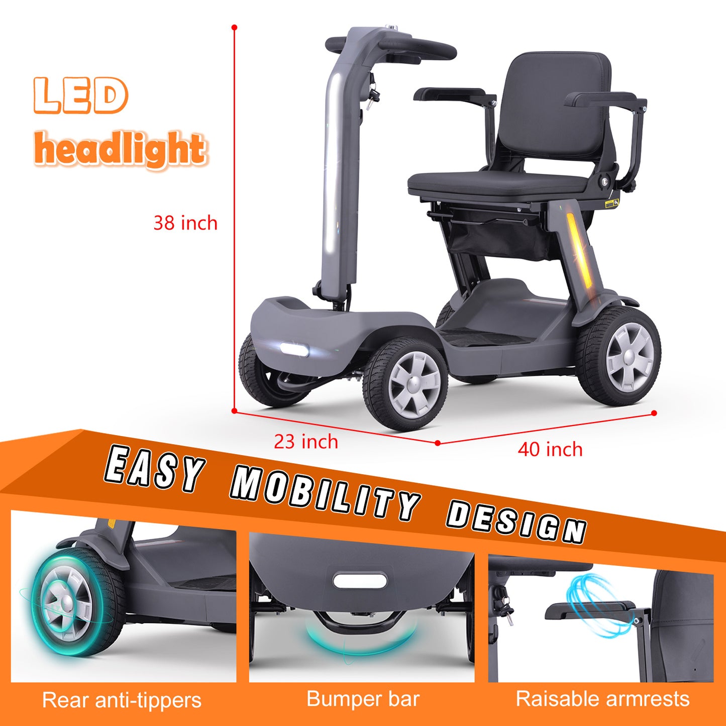 Foldable Mobility Scooter for Adults & Senior, 4 Wheels Powered Device for Travel,with an LED light strip, storage bag, and charger. No assembly required.with a 300-watt motor,a reclining seat, a 300-pound load capacity, and