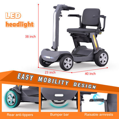 Foldable Mobility Scooter for Adults & Senior, 4 Wheels Powered Device for Travel,with an LED light strip, storage bag, and charger. No assembly required.with a 300-watt motor,a reclining seat, a 300-pound load capacity, and