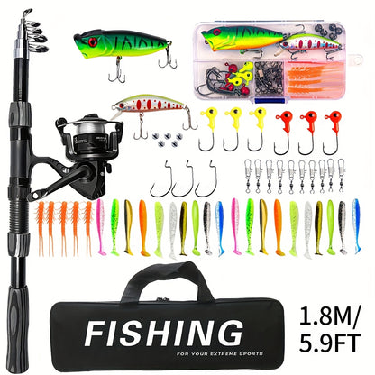 1.8-2.1m Telescopic Fishing Rod & Reel Combo with Carry Bag - Lightweight Fast Action Spinning Reel, Ambidextrous Left/Right Hand Operation, Medium Light Power For Saltwater & Freshwater Fishing, Ideal Gift For Christmas, Hal