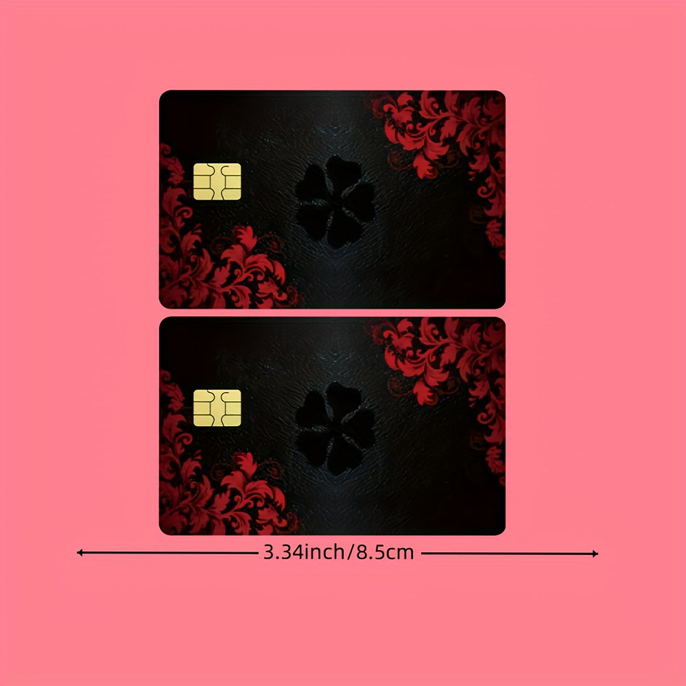 2pcs Red Floral Pattern Waterproof Vinyl Stickers, Credit Card Light Beige Cover, Ultra-Thin, High-Quality, Scratch-Resistant, Suitable for Credit Cards, Bank Cards, Bus Cards, Removable Self-Adhesive for Most Cards, Ideal Gi