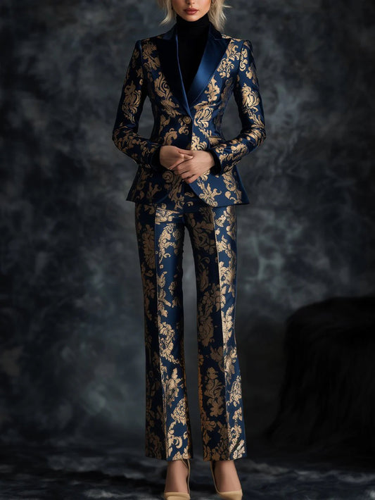 2pcs Set: Navy Blue Brocade Floral Suit | Vintage-Inspired Luxury with a Light Evening Vibe, Perfect for High-End Parties, Semi-Formal Occasions, And Autumn/Winter Seasons