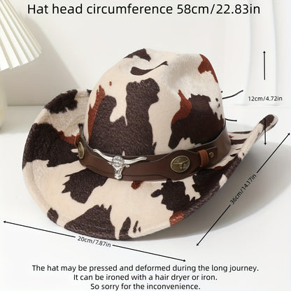 1pc Black Retro Print Wide-Brimmed Cowboy Hat with Anti-Compression Strap & Bull Horns Charm - Durable Non- Material for Outdoor, Camping, BBQ, Street Fashion - Spring/Autumn Western Style
