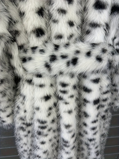 Women'S Elegant Oversized Faux Fur Coat - Black & White Dalmatian Print Longline Jacket with Lapel Collar, Notched Lapel & Speckled Trim, Cozy Toscana Fleece Blend Insulation, Below-Knee Length Winter Coat for Fall/Winter, Ca