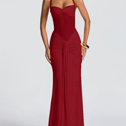 Women's Elegant Ruched Halter Neck Maxi Dress, Slim Fit Summer Party Dress