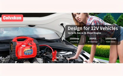 1000 Amp 12V Portable Car Jump Starter with Air Compressor, & Fast Charge - Heavy-Duty 260PSI Air, USB/ Lighter Power, Lithium-like Lead Acid Battery Booster for Trucks, RV, Boats, Motorcycles (Battery &