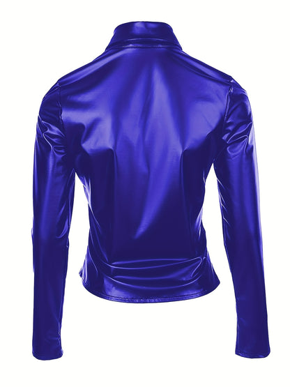 Solid PU Blouse, Sexy Slim Button Front Long Sleeve Collar Blouse, Women's Clothing