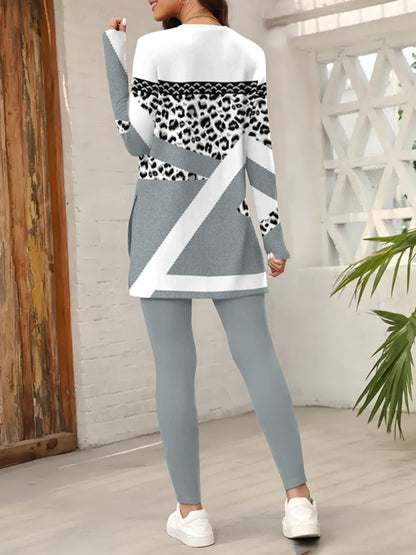 Women's Round Neck Printed Slit Long Sleeve Top& Long Pants Set- Casual Loungewear Outfit