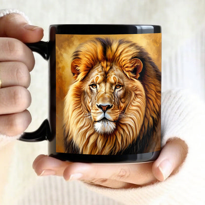 1pc Lion Design Mug - Elegant Lion Face Coffee Cup with Black Interior, 11oz Heavy-Duty Ceramic Cup for Hot/Cold Drinks, Birthday/Anniversary Gifts, Home, Office, or Kitchen - Lion Lovers Gift (Men & Women) - Durable & Easy-C