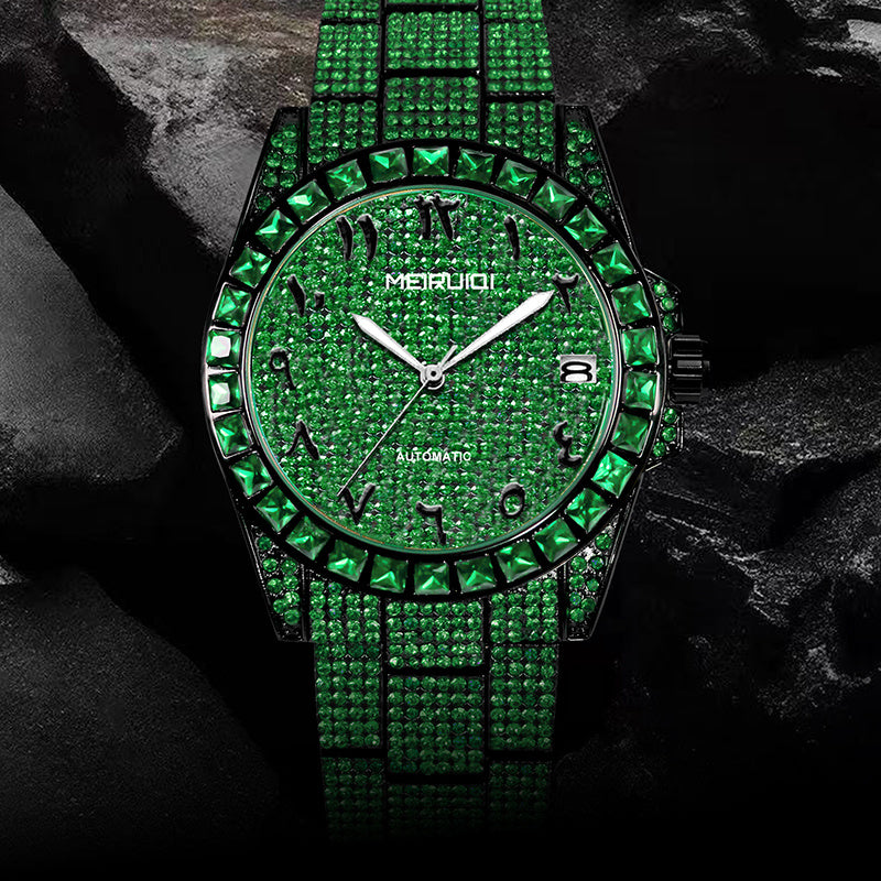 1pc Men's Luxury Green Tourbillon Mechanical Watch with Automatic Movement, 4-Hand Display (Hour/Minute/Second/Chronograph) - -Green Dial, Golden Hands & Black Bezel, Steel Band, Calendar, Mechanical Tourbillon Mechanism, No