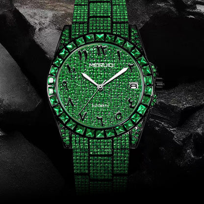 1pc Men's Luxury Green Tourbillon Mechanical Watch with Automatic Movement, 4-Hand Display (Hour/Minute/Second/Chronograph) - -Green Dial, Golden Hands & Black Bezel, Steel Band, Calendar, Mechanical Tourbillon Mechanism, No