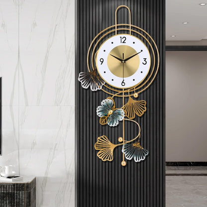 Large Modern Round Wall Clock with Golden Hands & Green Leaf Dial - Large Golden Hands, Green Leaf & Golden Butterfly Numbers, Large Black Face (12.5x25.5 Inch) Silent Non-Ticking Easy-to-Read Analog Clock for Living Room, Be