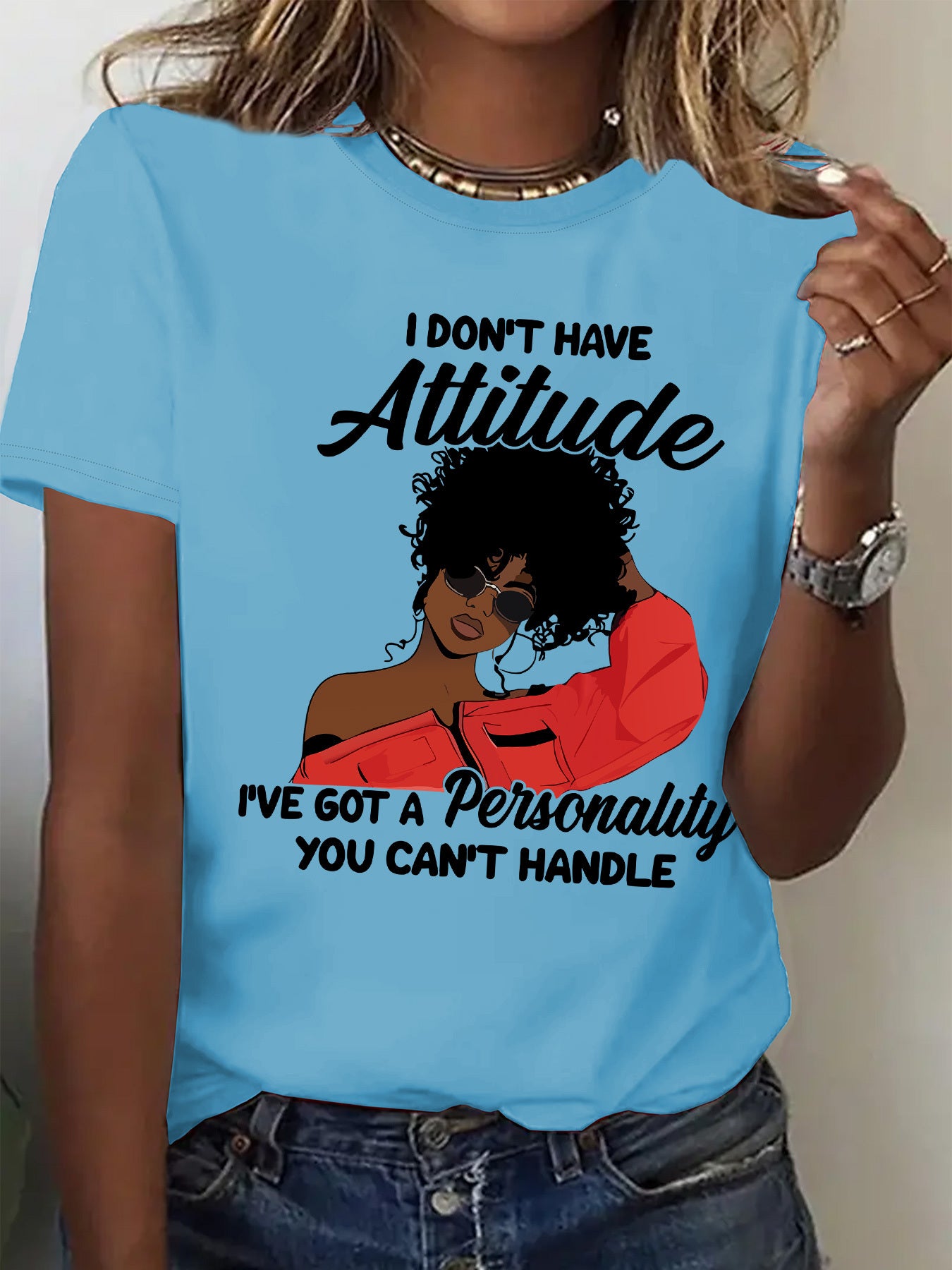 Women's "I Don't Have Attitude" Slogan Graphic T-Shirt - Vibrant Red Short Sleeve Crew Neck Casual Top with Bold Text & Fashion Glasses Design, Machine Washable All-Season Comfort Fit Tee, Fashionforward Look, Durable Fabric