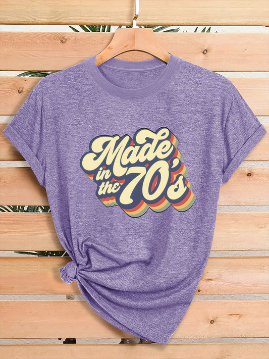 Women'S Vintage 70s Graphic T-Shirt - Retro "Made in the 70s" Print with Rainbow Lettering & 70s Icons, Loose Fit Casual Tee for Gym, Casual Attire & 70s Themed Parties - Soft Breathable Round Neck Summer Top, Local Warehouse