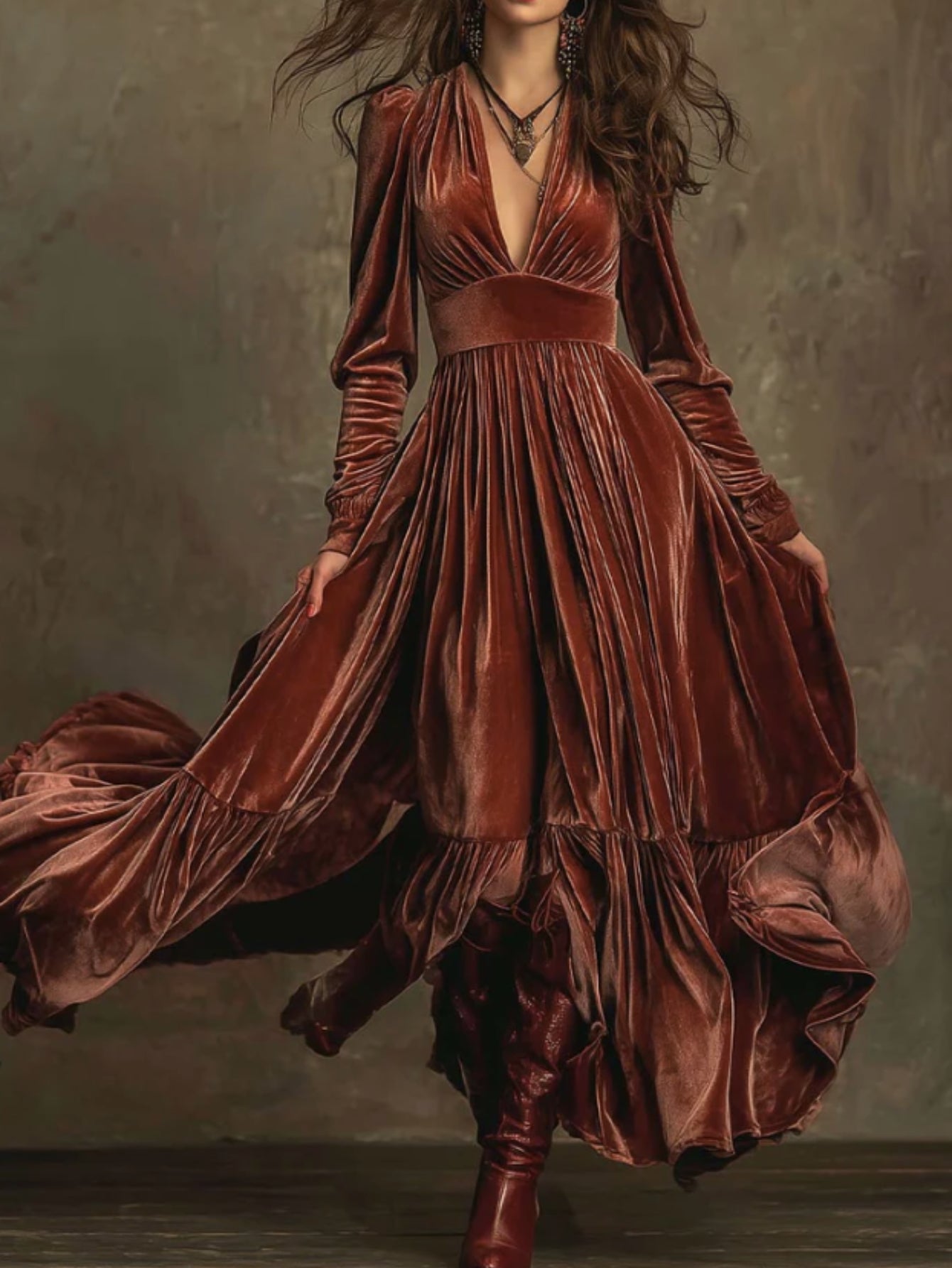 Deep V Waist-Cinching Flared Long Dress For Women | Vintage Luxe Design, Suitable For Dinner Parties, Retro-Themed Parties, And Other Social Occasions