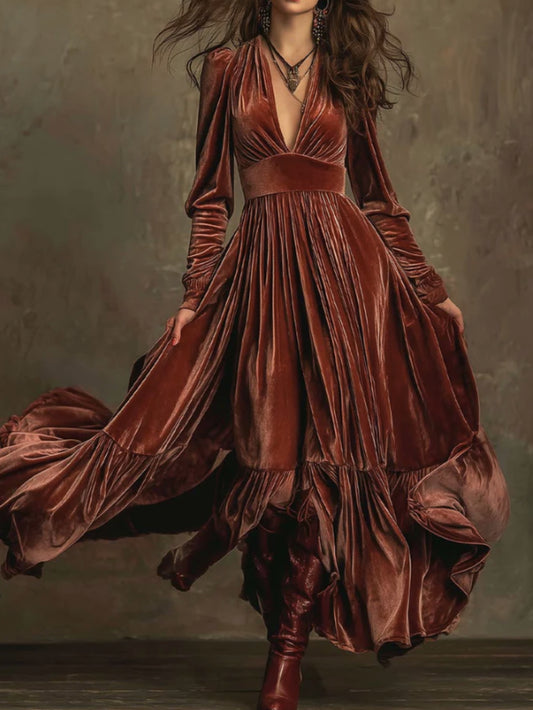 Deep V Waist-Cinching Flared Long Dress For Women | Vintage Luxe Design, Suitable For Dinner Parties, Retro-Themed Parties, And Other Social Occasions