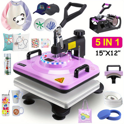 This Is a Versatile Heat Press Machine Combo Featuring an 8 in 1 And 5 in 1 Design, with Dimensions of 15"X15" And 15"X12". It Has a Rotatable Design And Is Suitable for Transferring Images Onto Various Items Such As T-Shirts