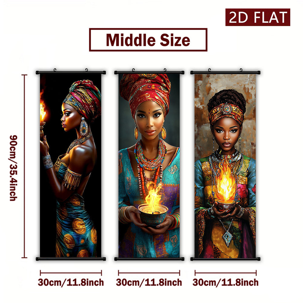 2D/ FLAT-3pcs African flame women wall murals, African women holding flame containers and wearing exquisite jewelry, high-definition high-quality printing, ink artwork poster, suitable for living room, bedroom, office decorat