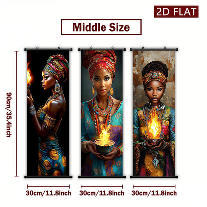 2D/ FLAT-3pcs African flame women wall murals, African women holding flame containers and wearing exquisite jewelry, high-definition high-quality printing, ink artwork poster, suitable for living room, bedroom, office decorat