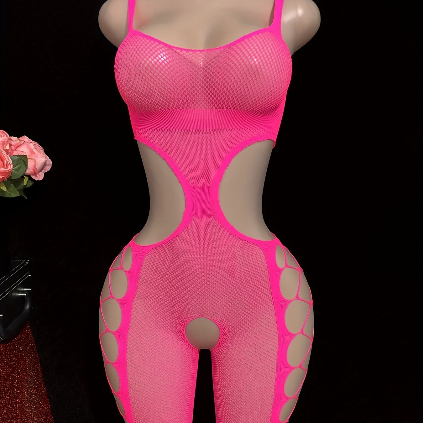 Women's Plus Size Sexy Strapless Halter Jumpsuit - Sheer Mesh Bodysuit with Exposed Waist & Thigh Slit, High-Stretch Pink/Black Stretchy Outfit for Parties, Nightclub, Semi-Formal Wear (Hand Washable) - One-Piece Swimsuit,