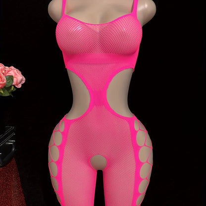 Women's Plus Size Sexy Strapless Halter Jumpsuit - Sheer Mesh Bodysuit with Exposed Waist & Thigh Slit, High-Stretch Pink/Black Stretchy Outfit for Parties, Nightclub, Semi-Formal Wear (Hand Washable) - One-Piece Swimsuit,