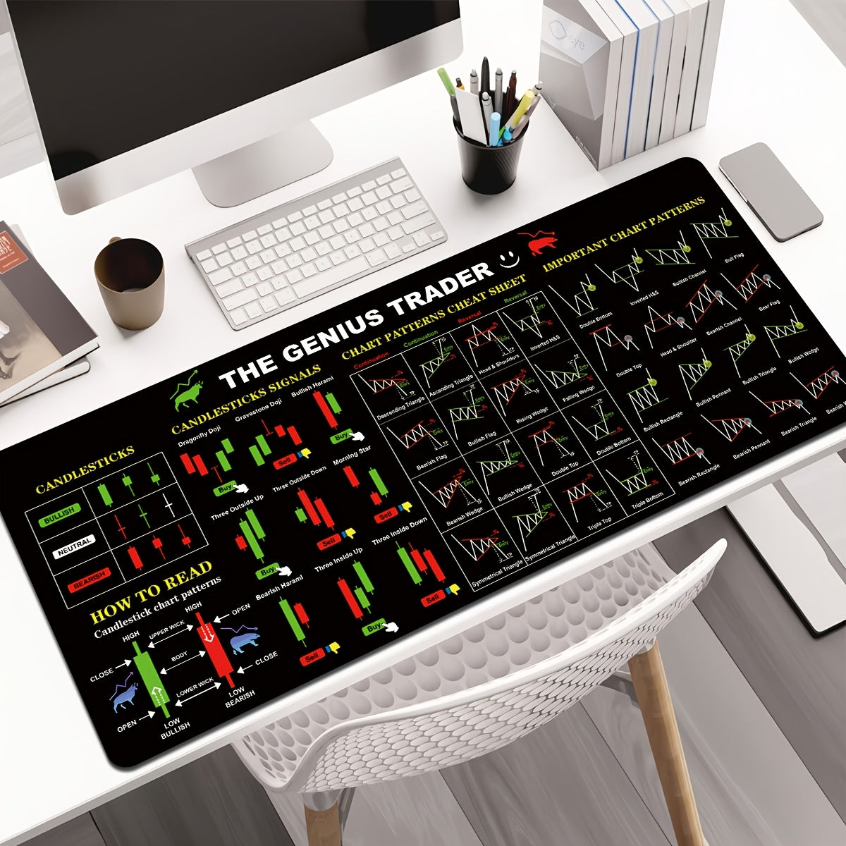 1pc Black Extra Large Mouse Pad Durable Stock Trading Candle Chart & Pattern Memo Pad Laptop Office Keyboard Mat Desk Mat High-Definition Print - Back Rubber Non-Slip Edge Precision Stitching XL XXL - Suitable for Home Office