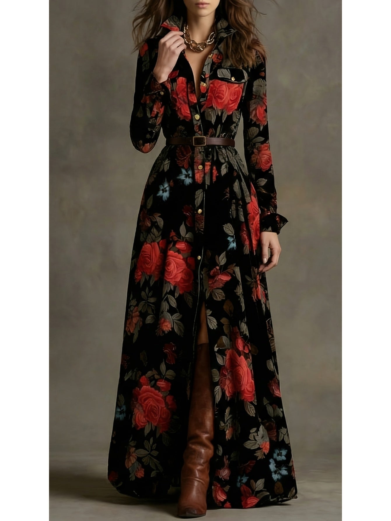 Women'S Black-Based Pink & Brown Rose Print Waist-Cinched Maxi Dress | Retro Elegant Style, Suitable for Luxury Social Events, Formal Occasions, and Daily Streetwear