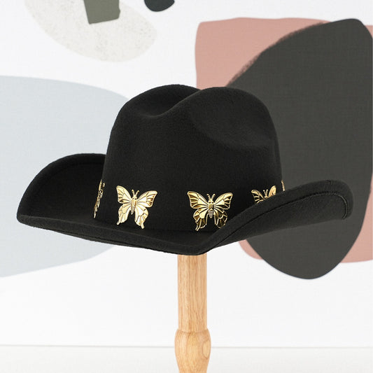 Unisex Vintage Western Cowboy Hat - with Metallic Butterfly Applique & Gemstone Accents, Adjustable Strap for Fit, Lightweight & Breathable Wide Brim, All-Day Comfort for Rodeo, Music Festivals, Themed Parties - Western Style