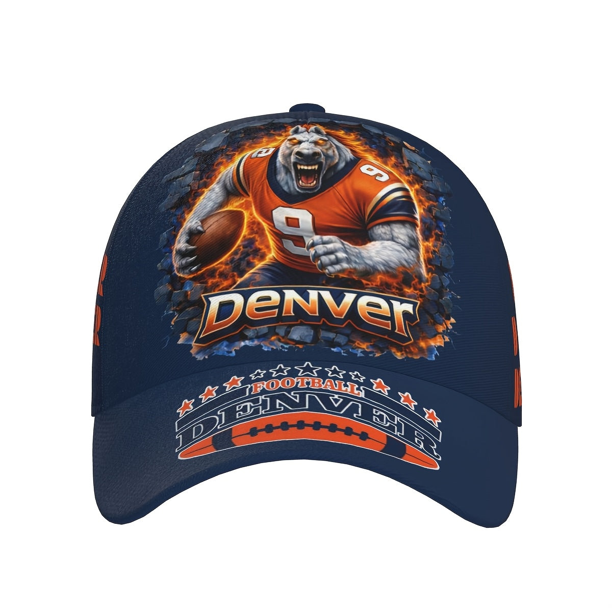 Dark Blue-Orange Football Wolf Player Flame Graphic Fan Baseball Cap - 100% Polyester Breathable Adjustable Comfort Cap