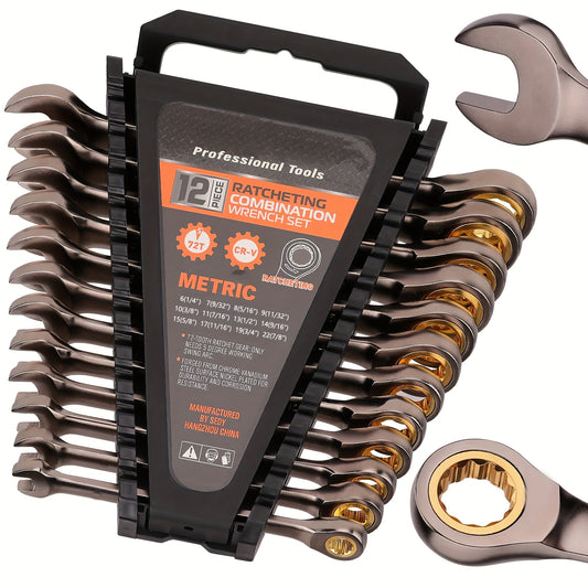 12pcs Professional Ratcheting Wrench Set, 1/4" to 7/8" (6mm-22mm), 72 Teeth, Carbon Steel and Chrome Vanadium, Metric & Imperial, Plastic Stand Included, Tool Organization | Compact Design | Durable Construction, Wrench Set