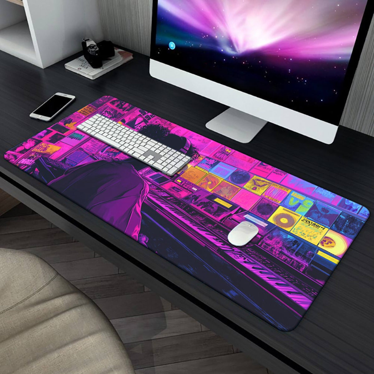 1pc XXL Neon-Lit DJ Scene Mouse Pad - Vibrant Office & Gaming Decor, Non-Slip Rubber Base, Large Desk Mat with Music-Themed Design, Perfect for Gamers & Office Use, Gaming Desk Accessory | Vibrant Desk Decor | Functional Desk