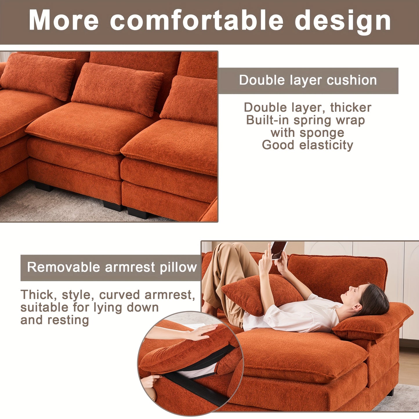 110'' U-Shaped Comfort 4-Seater Cloud Sofa, Modern Deep-Seat Comfort Living Room Sofa, Chenille Fabric
