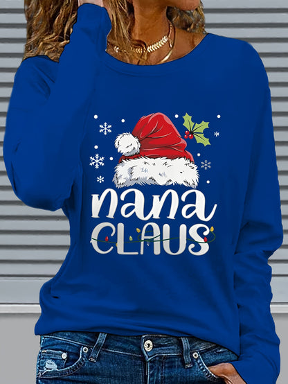 Women'S Christmas Santa Claus & Nana Claus Graphic Print Long Sleeve T-Shirt - Cozy Crew Neck Casual Top with Festive Snowflake & Santa Hat Design, Perfect For Fall/winter Holiday Celebrations, Christmas Shirts