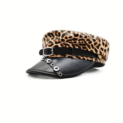 Women's Punk Vintage Distressed PU Leather Beret Newsboy Cap with Metal Rivets & Leather Buckle - Leopard Print (Black/Pink) Navy Blue, Golden-Tone Hardware, Lightweight Structured Fit for Graduation, Themed Parties & Everyda