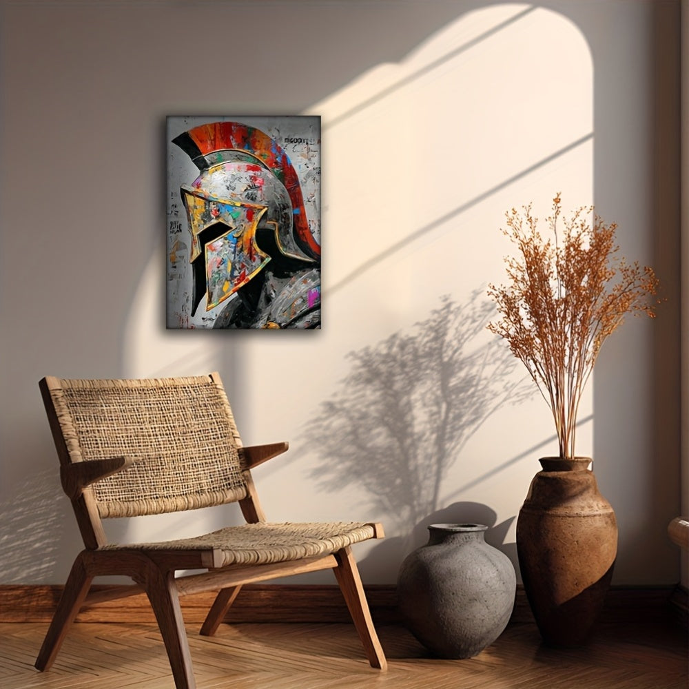 1pc Framed Spartan Helmet Canvas Art - 12x16 Inch HD Oil Painting, Bold Warrior Design with Red & Golden Accents, Modern Home Decor for Living Room, Bedroom, Office - Urban Graffiti Style, Canvas Wall Art, Bedroom Artwork, De