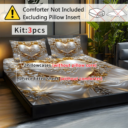 3pcs Heart Jewel Print Fitted Sheet Set, Golden Heart with Gemstones, Breathable Polyester, Machine Washable for All Seasons Ideal for Bedroom Guest Room Master Suite and More Includes 1 Fitted Sheet and 2 Pillowcases No Matt