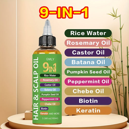 [ 9-in-1 ] Hair Oil with Rice Water, Rosemary Oil, Castor Oil, Batana Oil, Pumpkin Seed Oil, Peppermint Oil, Chebe Oil, Biotin, Keratin for Moisturizing Smoothness, Suitable for All Hair Types. Split Ends, Deter Hair Breakage