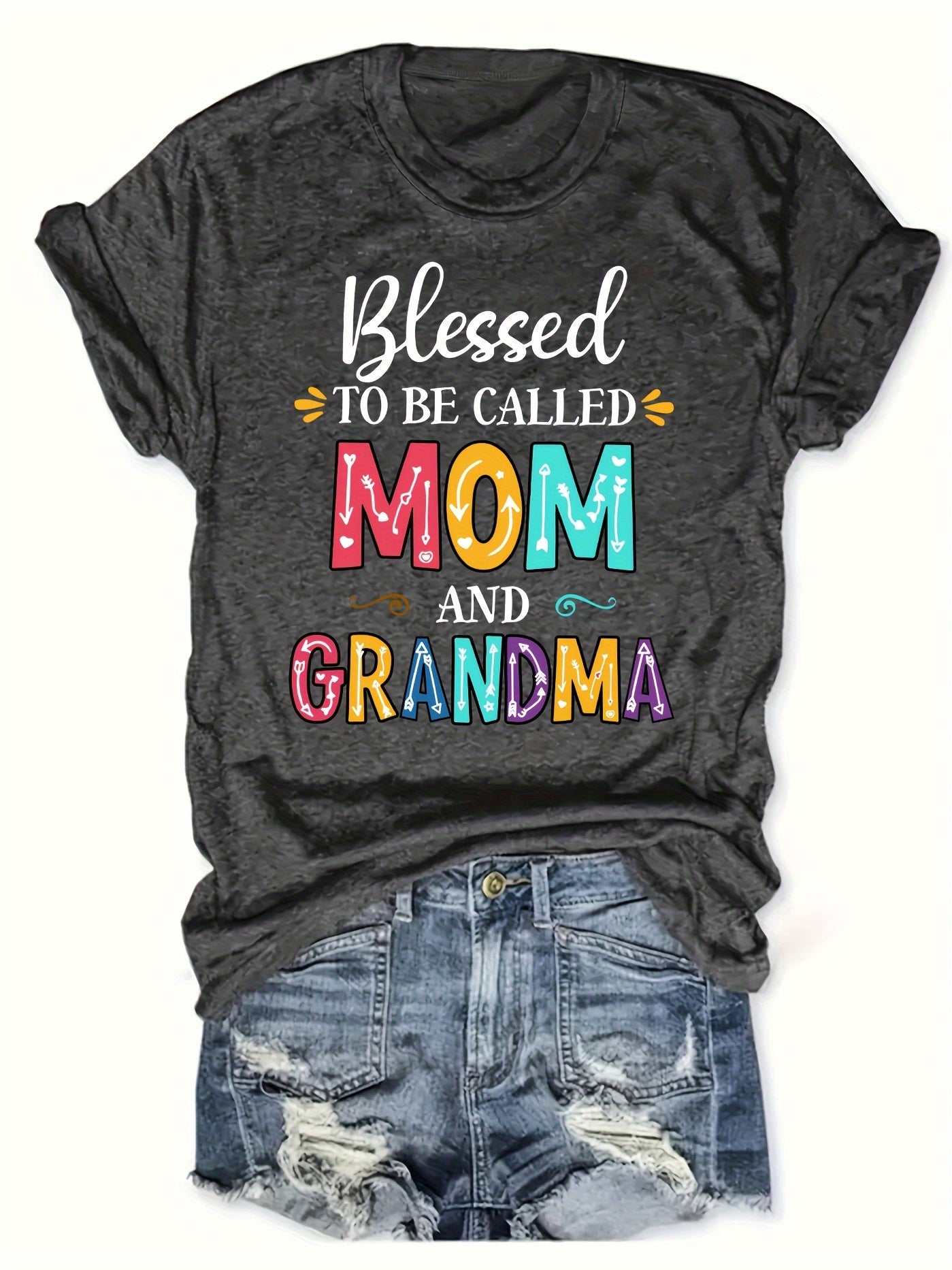 Mom Grandma Print Crew Neck T-shirt, Casual Short Sleeve Top For Spring & Summer, Women's Clothing