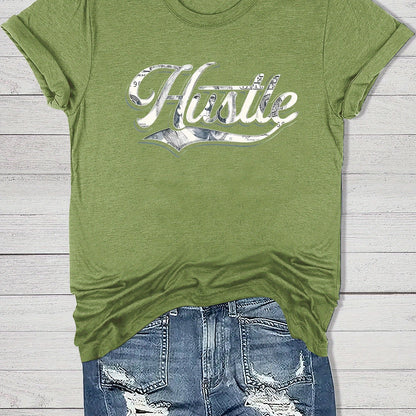 Women'S Casual "Hustle" Graphic Tee - Red Short Sleeve Round Neck T-Shirt with White Artistic Lettering, Lightweight Polyester Blend, Relaxed Fit for Spring & Summer, Casual Summer Wear | Comfortable Fit