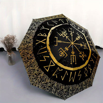 Viking Vegvisir Compass Umbrella - Cartoon Design, Portable Folding with Durable Iron Frame & 8 Ribs, All-Season Use for Home, Travel, Outdoor - Black with Golden Accents, Travel Umbrella, Outdoor Protection, Cartoon Umbrella