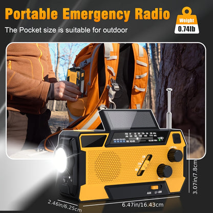 Portable Emergency Radio AM/FM/NOAA Weather Radio, 7400mWh Lithium Battery With Power Bank, Hand Crank And Solar Charging, SOS Alarm, Flashlight For Emergency
