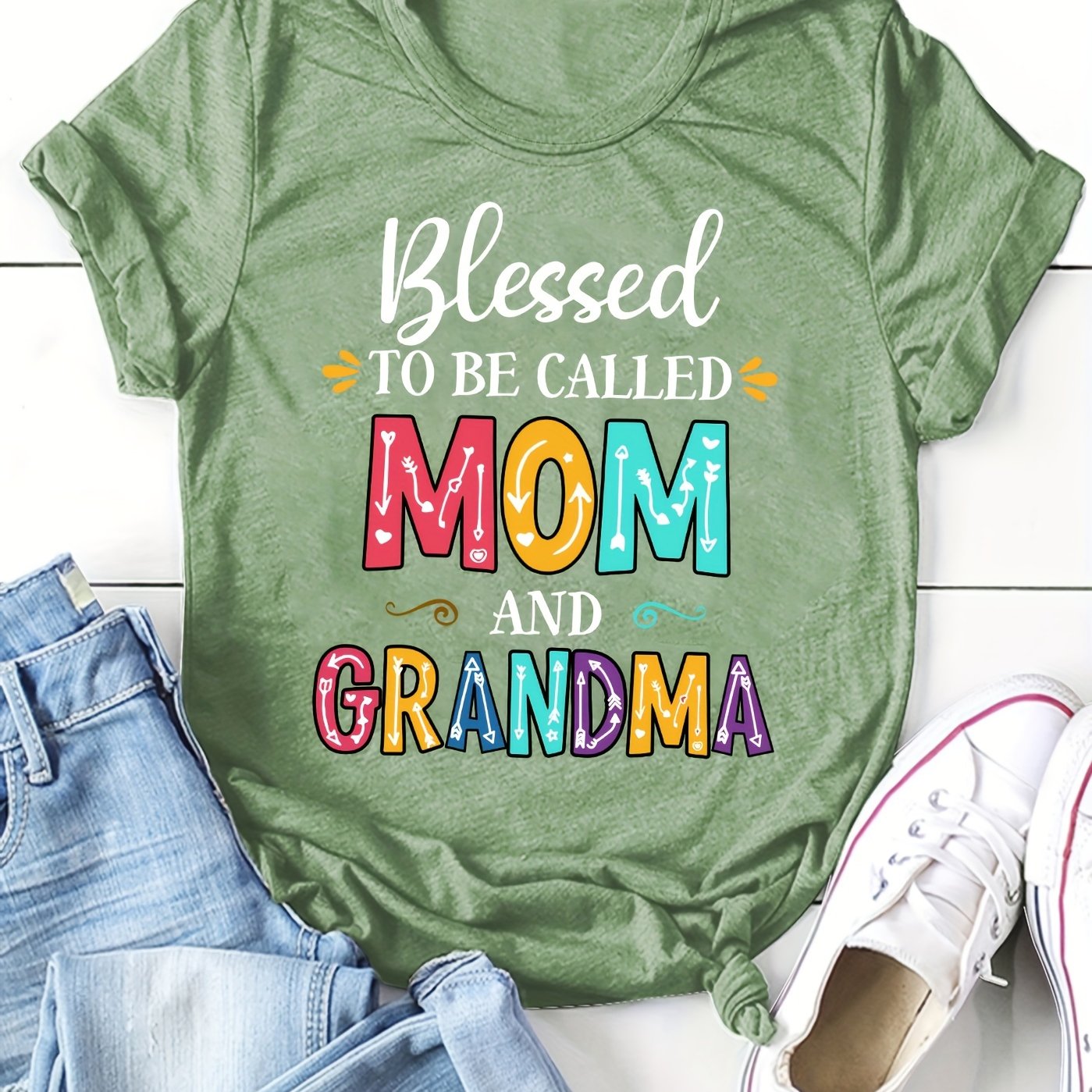 Mom Grandma Print Crew Neck T-shirt, Casual Short Sleeve Top For Spring & Summer, Women's Clothing