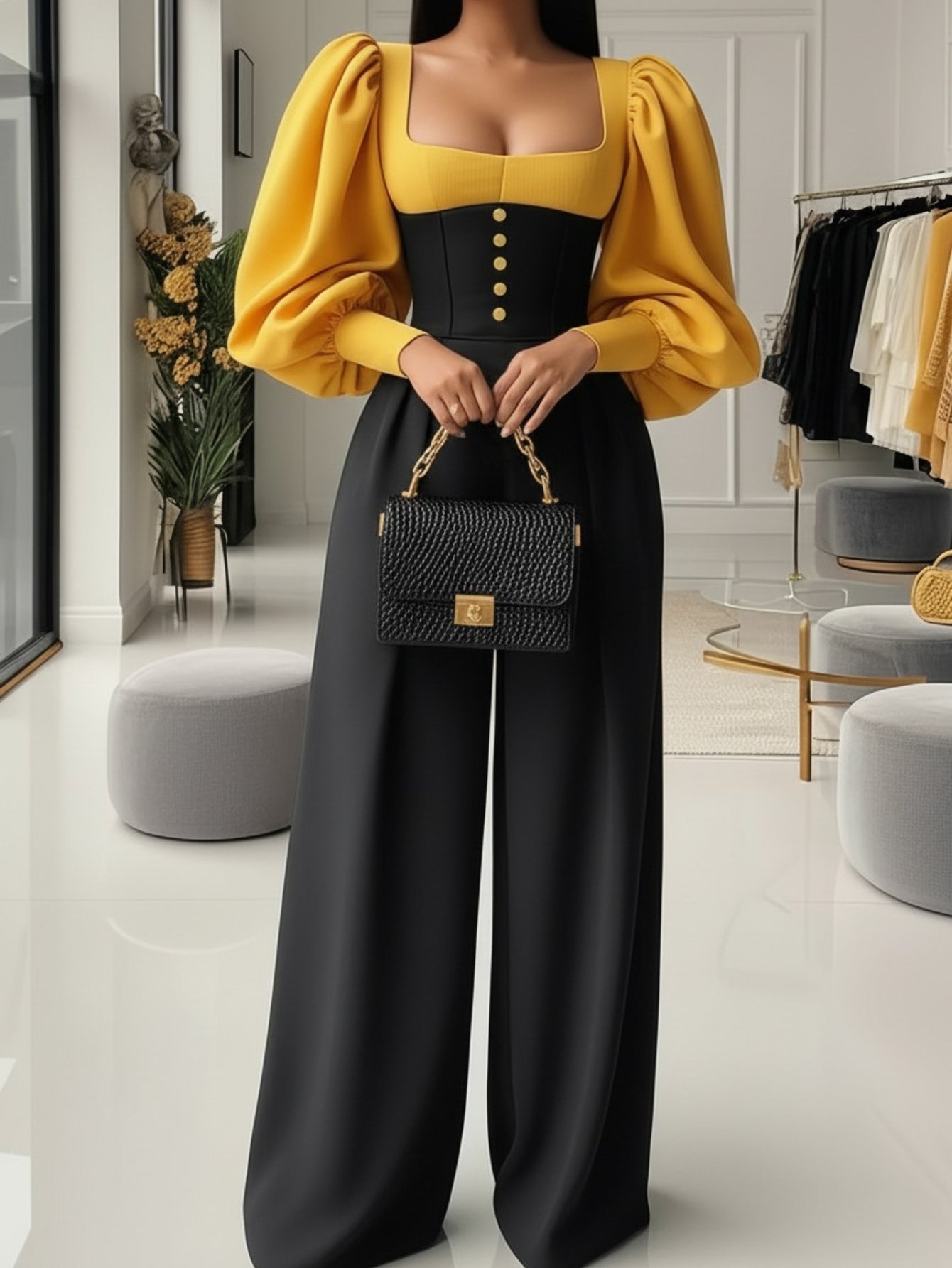 Yellow-Black Contrast Puff-Sleeve Waist-Tie Jumpsuit for Women | Retro Palace Style, Elegant Square Neck, Perfect for Fall/Winter, Color Block Pattern, Ideal for Daily Eye-Catching Looks, Refined Date Outfits, and Elegant Occ