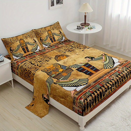 Egyptian Art Print 4-Piece Bedding Set - 1 Fitted Sheet, 1 Flat Sheet, 2 Pillowcases - Soft, Breathable Polyester, Digital Print, All-Season Comfort, Machine Washable